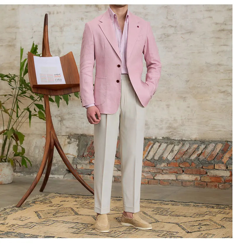 100% Linen Italian Stylish Blazer Men Casual Breathable Half Lining Vintage Suit Jacket Pink White