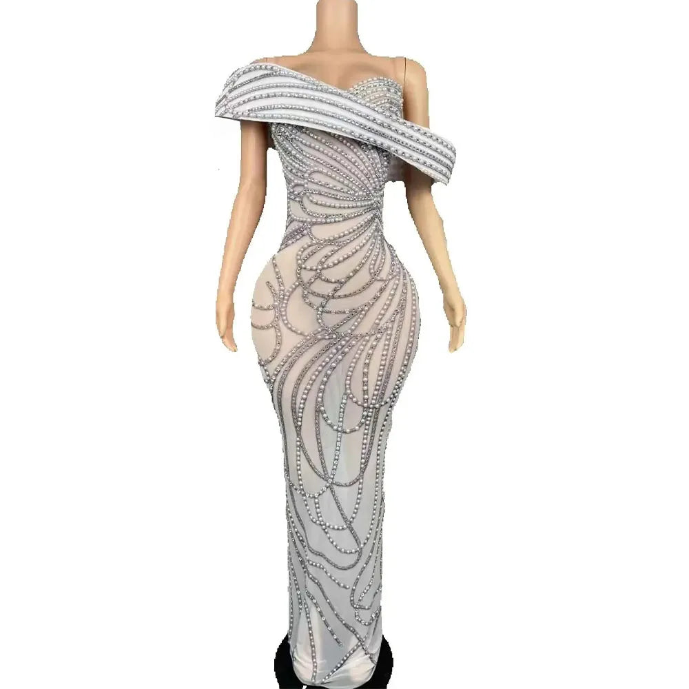 Sparkling Pearls Rhinestone Evening Dress Women Birthday Party Festival Dresses Performance Photoshoot Stage Wear Outfit