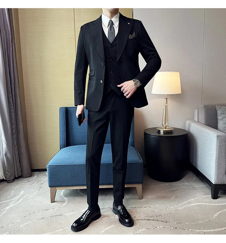 (Chaqueta + chaleco + pantalones) Trajes elegantes de 3 piezas, de marca, corte entallado, de un solo botón, para fiesta, formal, de negocios, para boda, esmoquin.