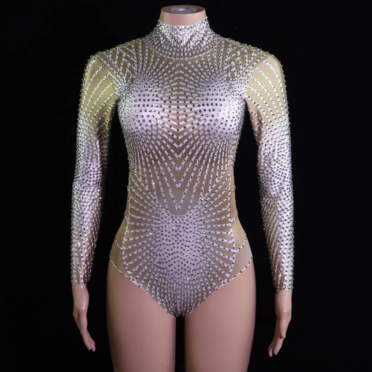 Sparkly Full Rhinestones Long Sleeve Leotard Nightclub Singer Dancer Stage Wear Performance Dance Costume Party Bodysuit