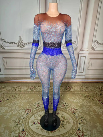 Body scintillant en strass pour femme, justaucorps sexy à manches longues en maille transparente, idéal pour le carnaval ou la photographie