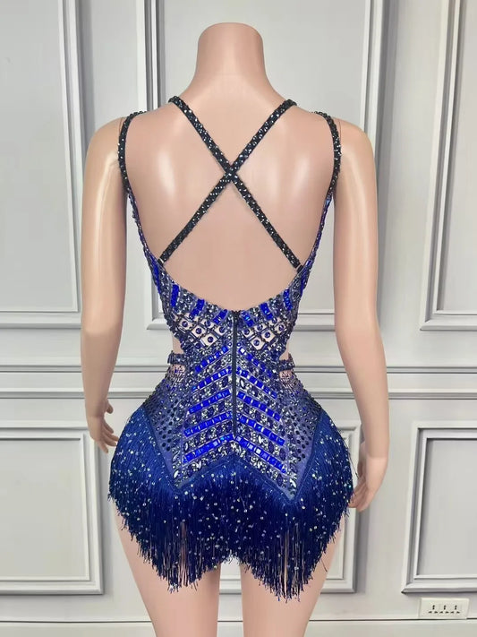 Sexy Customized Sparkly Rhinestones Fringes Blue Backless Bodysuit Performance Dance Costume Nightclub Singer Dancer Stage Wear