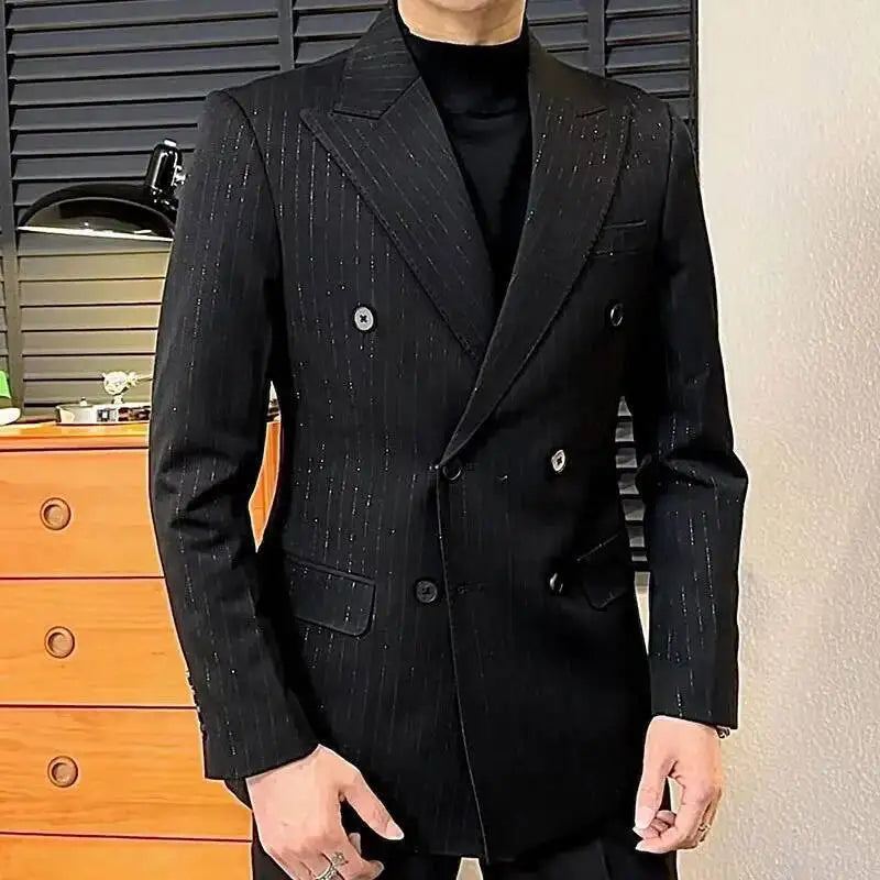 Lurex Yarn Casual Double Breasted Stripe for Men Blazer Masculino British Daily Men Blazer Hombre Fashion Shiny Slim Blazer