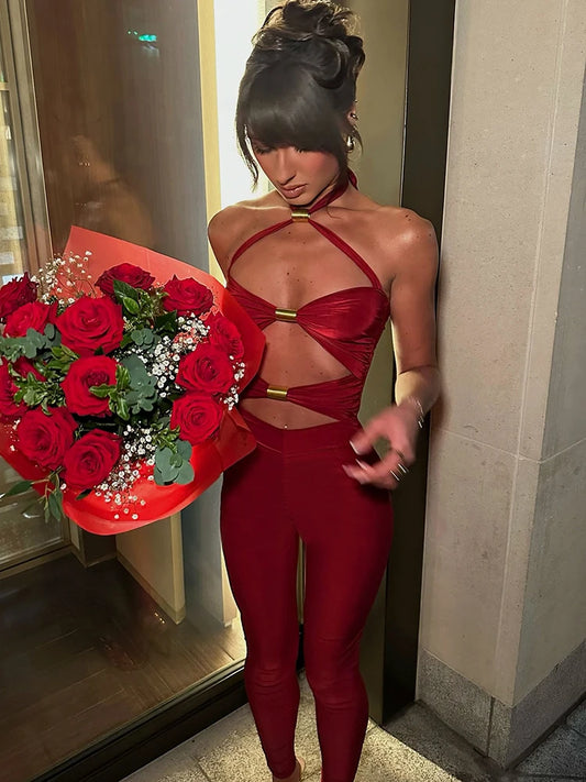 Combinaison moulante sans manches ajourée pour femme, tendance, avec boucle en métal, dos nu, salopette sexy pour soirée et club