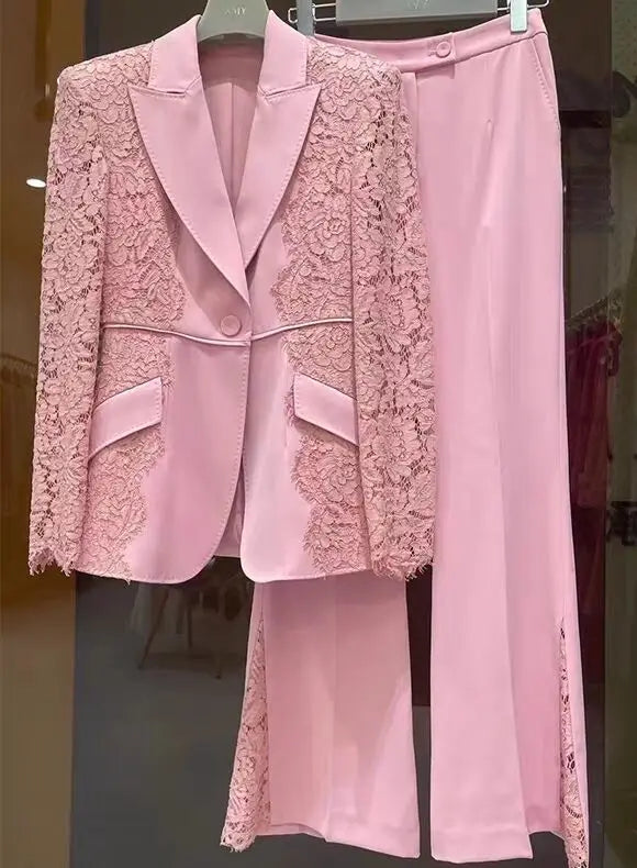 Suit Set Women's Lace Patchwork Single Button Blazer Flare Pants Set 2pcs