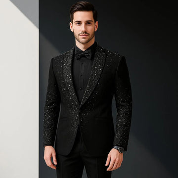 Customized Luxury Metal Embellished Men Suits 2 Pieces Sets Beadeds Peaked Lapel Groom Tuxedos Party Prom Blazer Homme