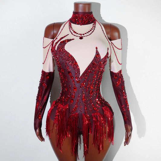 Red Sequin Tassels Bodysuits Sexy Women Stage Outfit Pole Latin Dance Competition Leotard Nightclub Party Drag Queen Costumes
