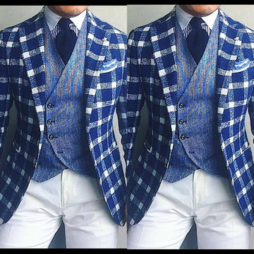 Blue Plaid Men's Wedding Suits High Quality Tuxedos Classic 3 Pieces Groom Wear Work Formal Clothing for Male