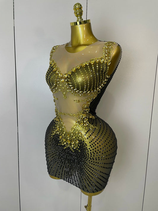 Sparkly Gold Rhinestone Transparent Sleeveless Mini Dress Evening Birthday Celebrate Party Nightclub Performance Costume