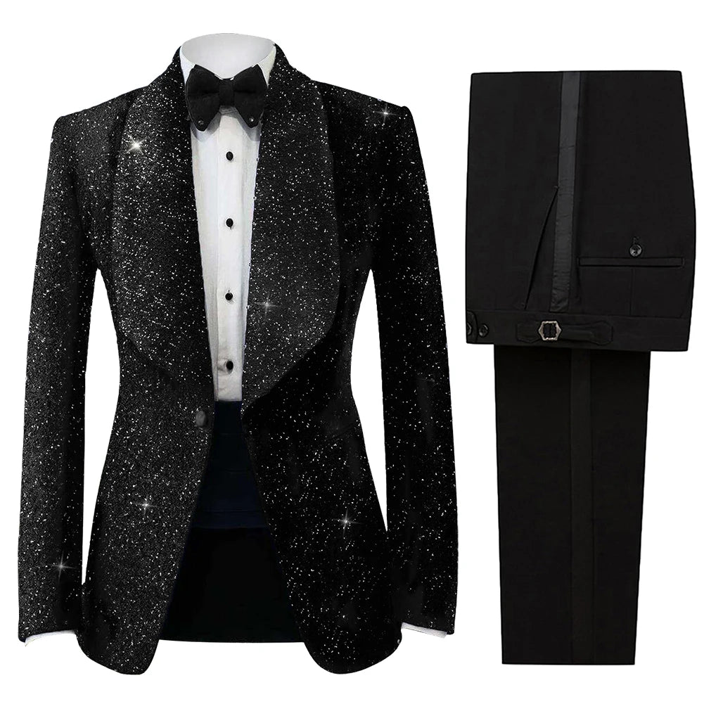 Sparkly Men Suits for Wedding Shawl Lapel Blazer 2 Pieces Set One Button Groom Tuxedo Groom Coat Customized Jacket Pants