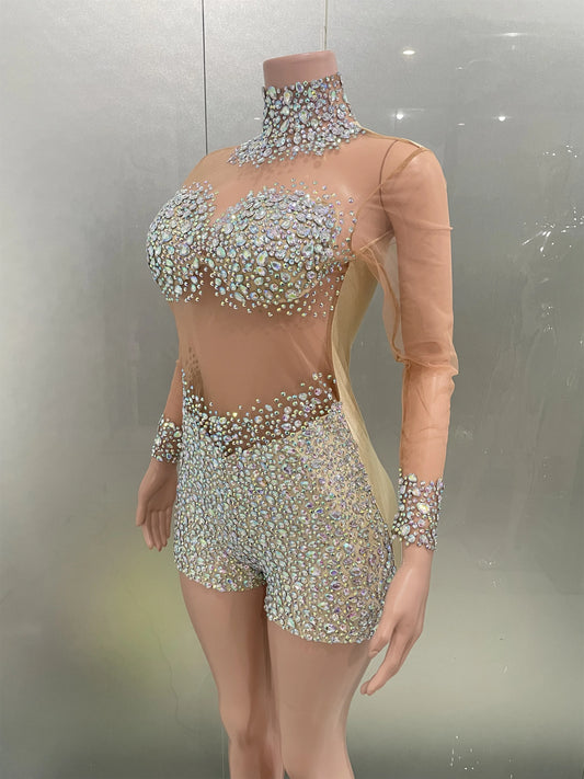 Luxury Sparkle Rhinestones Sexy See-Through Bodysuit Evening Party Performance Costume Bar Nightclub Singer Dancer Stage We
