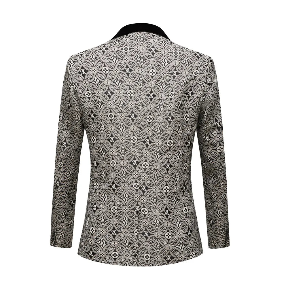 Traje de hombre con cuello de fruta verde jacquard en blanco y negro, estilo occidental, de dos piezas, ajustado, para banquetes 