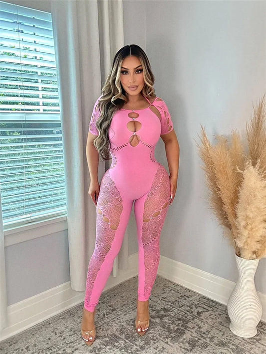 Sexy Outfits Patchwork Pink Jumpsuits Women Hollow Out Rompers Jumpsuits Short Sleeve Backless One-piece Skinny Overalls