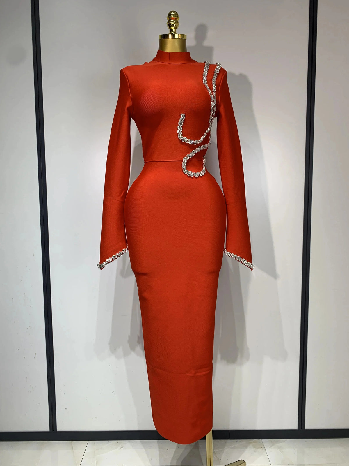 Women Sexy Long Sleeve Diamonds Maxi Long Bodycon Bandage Dress Celebrity Elegant Evening Party Luxury Birthday Dresses
