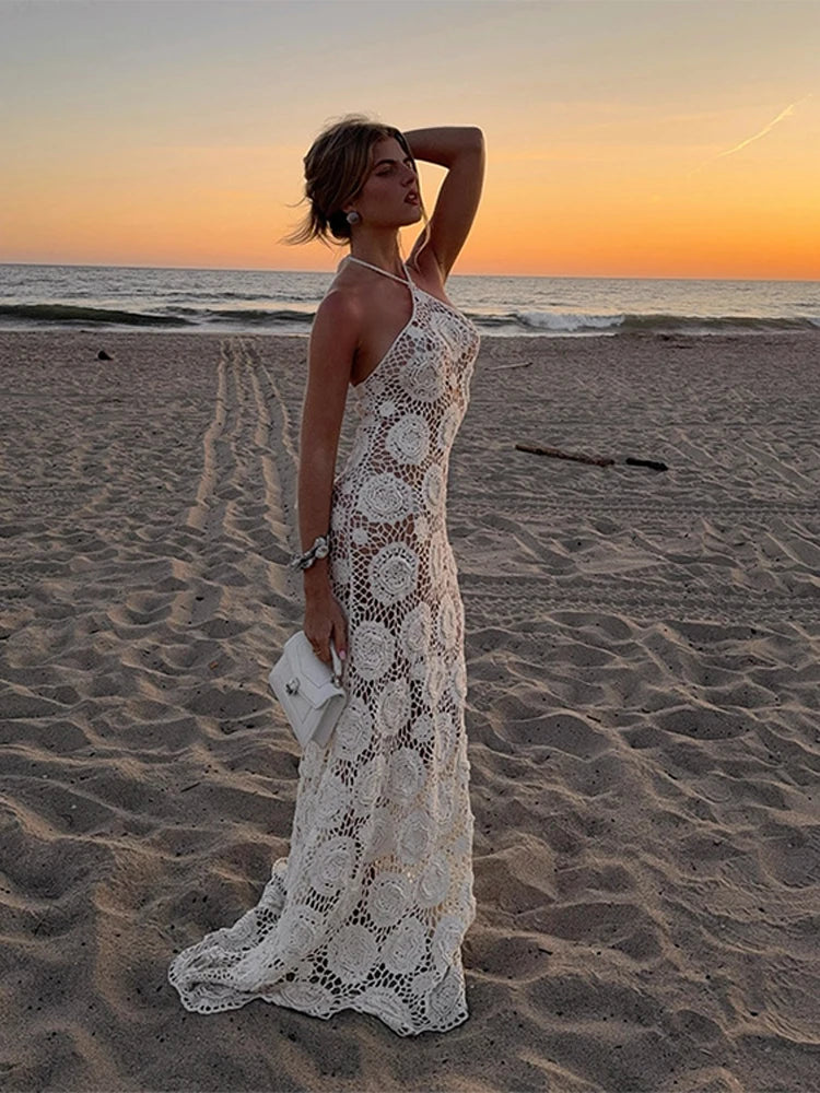 Sexy Neck Hanging Knitted Hollow Women's Dress Fashionable Sleeveless Solid Backless Long Dresses Female Summer Chic Beach