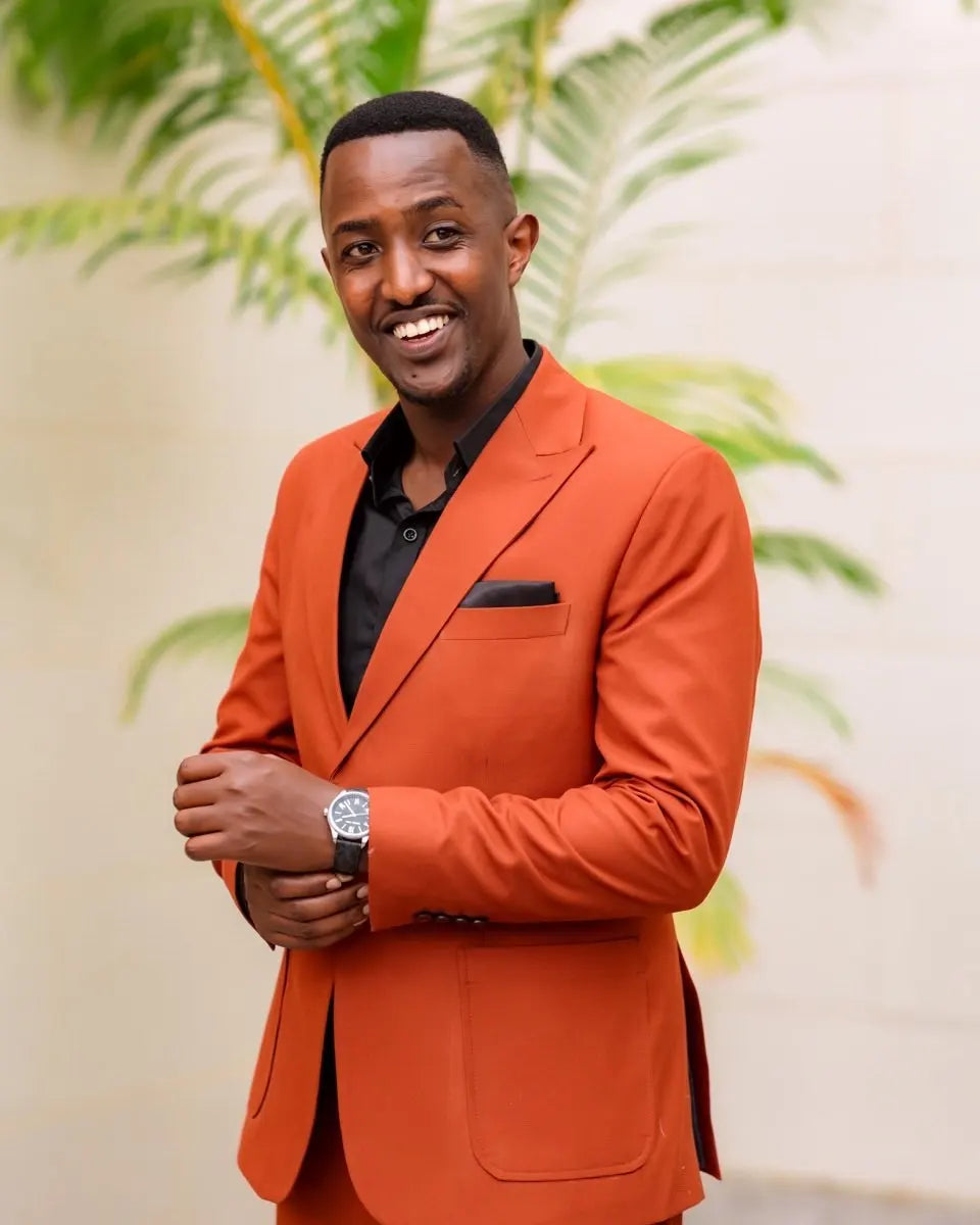Costume orange pour homme avec ceinture à boucle, blazer, ensemble smoking de fête, veste et pantalon à revers pointu, tenue de mariage