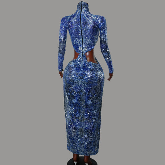 Sexy Blue Sequin High Neck Long Sleeves Waist Cutout High Slit Dress Evening Party Singer Performance Stage Drag Queen Costume