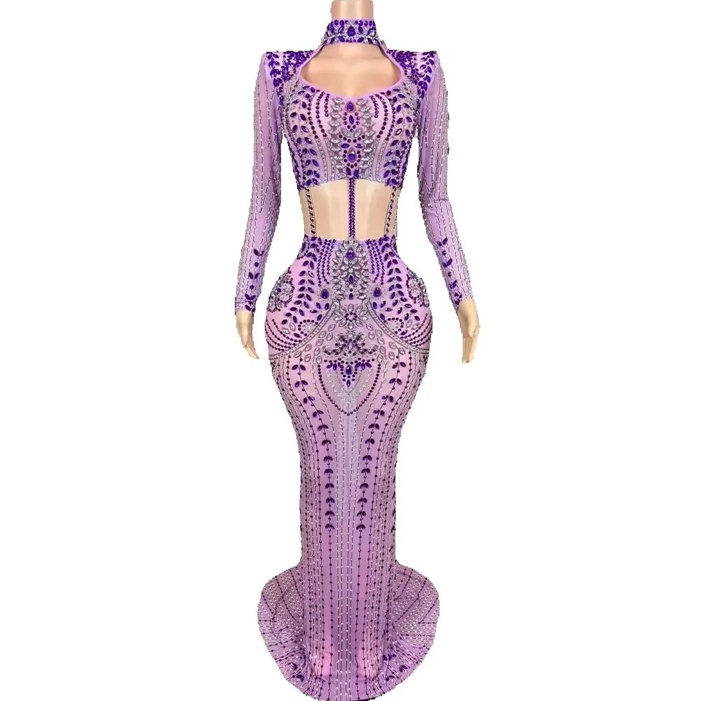 Sexy Luxurious Sparkle Rhinestone Purple Stretch Mesh Dress Ladies Bar Singer Stage Party Club Performance Photoshoot Dress