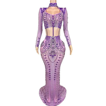Sexy Luxurious Sparkle Rhinestone Purple Stretch Mesh Dress Ladies Bar Singer Stage Party Club Performance Photoshoot Dress