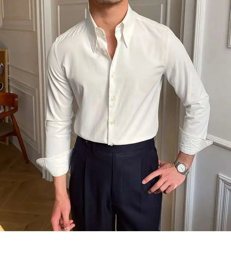 Leisure British Business Shirt Design British Men Cuba Collar Slim Solid White Shirt Camisa Social Masculina Men Shirt