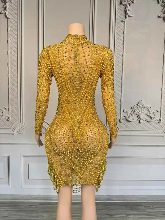 Women Sexy Sparkly Luxury Gold Pearls Dress Birthday Party Festival Party Celebrate Rhinestone Evening Dress Prom Stage Outfit