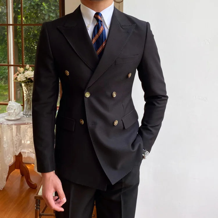 British Style Men Blazers Double Breasted Casual Suit Jacket Wedding Business Dress Coat Social Banquet Tuxedo Costume