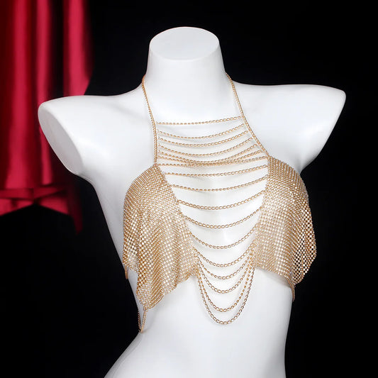 Cadena para el pecho con borlas huecas estilo bikini de moda con diamantes de imitación para playa de arena, joyería para el cuerpo de mujer