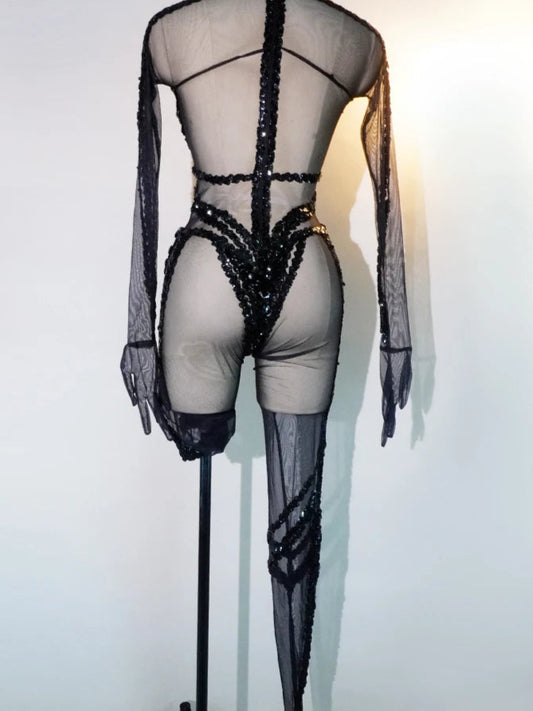 Fashion Sparkle Full Rhinestone Black Jumpsuit Sequin Sexy DS Club Party Birthday Leotard Drag Queen Pole Dance Festival Outfits