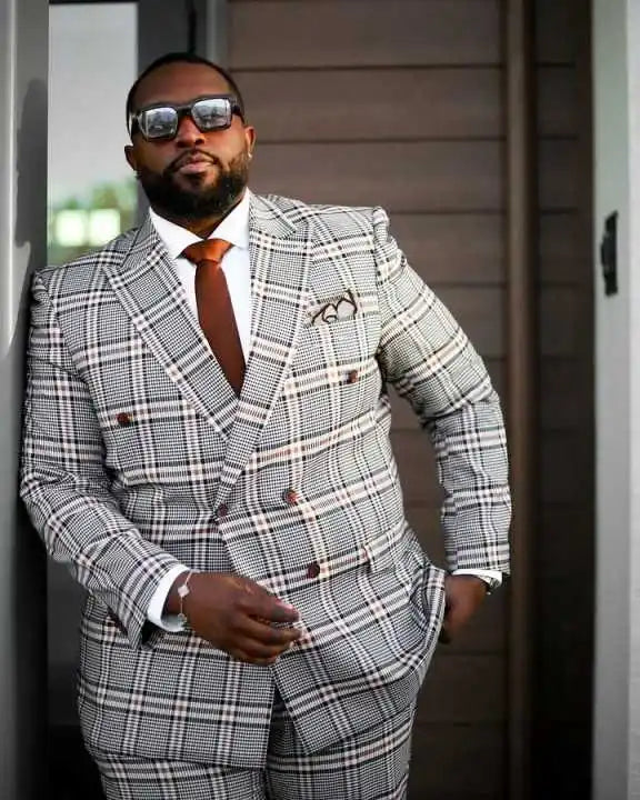 Plus Size Plaid Wedding Tuxedos 2 Piece Set Jacket Pants Double Breasted Men Suit Fashion Groom Wear Party Suits Customized