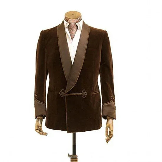 1 Pc Brown Velvet Smoking Jacket with Double Breasted Men Blazer for Wedding Groom Prom Single Coat Male Fashion Costume