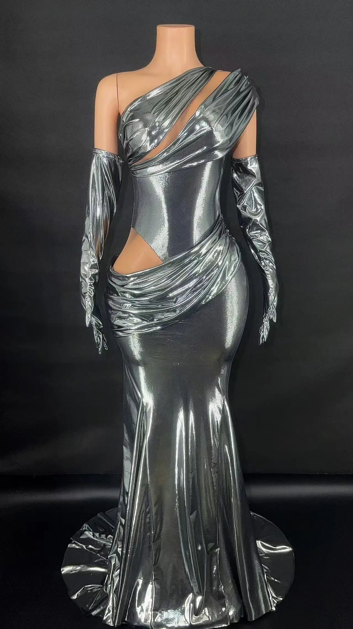 Robe longue à paillettes argentées et miroir pour femme, tenue de soirée, de danse, de bar ou de chanteuse