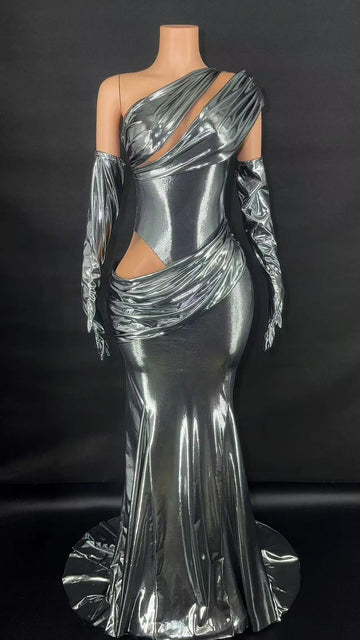 Robe longue à paillettes argentées et miroir pour femme, tenue de soirée, de danse, de bar ou de chanteuse