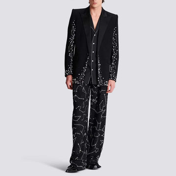 Customized Elegent Diamond Beaded Men Suits Glitter Peaked Lapel Groom Tuxedos 2 Pieces Prom Blazers Wedding Trajes Para Hombre
