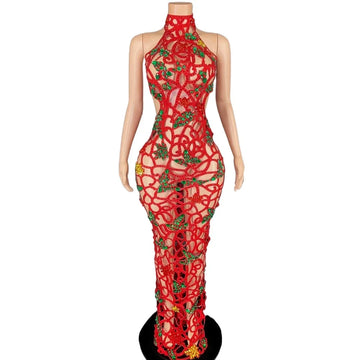 Sexy Celebrate Evening Wedding Prom Birthday Dress Sparkly Rhinestones Hollow Long Dress Photo Shoot Wear