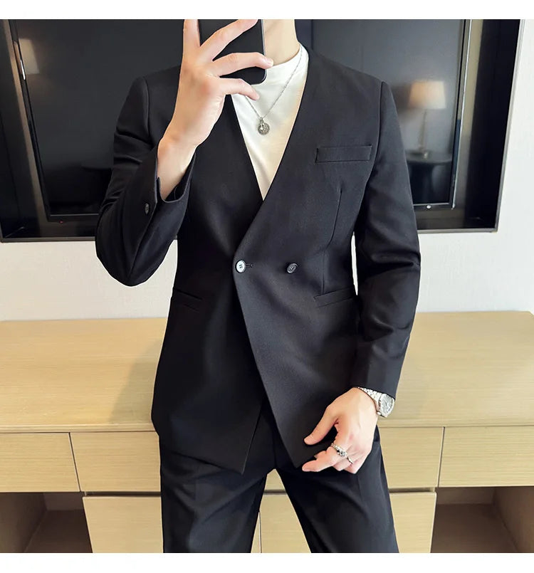 Stylish Men's Suit Coat Collarless V-Neck Solid Wear Style Slim Fit Blazer Jacket Male Black White Blue