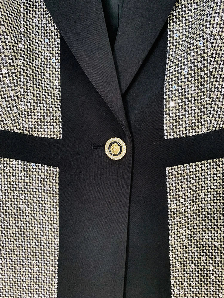 Designer Fashion Runway Suit Set Women Glitter Squined Blazer Jacket Pants Set