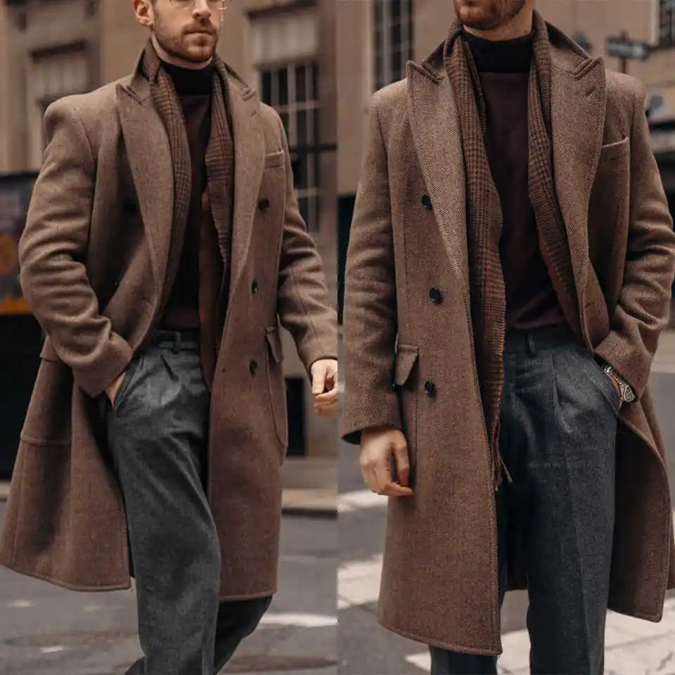 Casual Men Long Coat Double Breasted Wool Blends Business Formal Overcoat Peaked Lapel  Winter Warm Jacket Customized