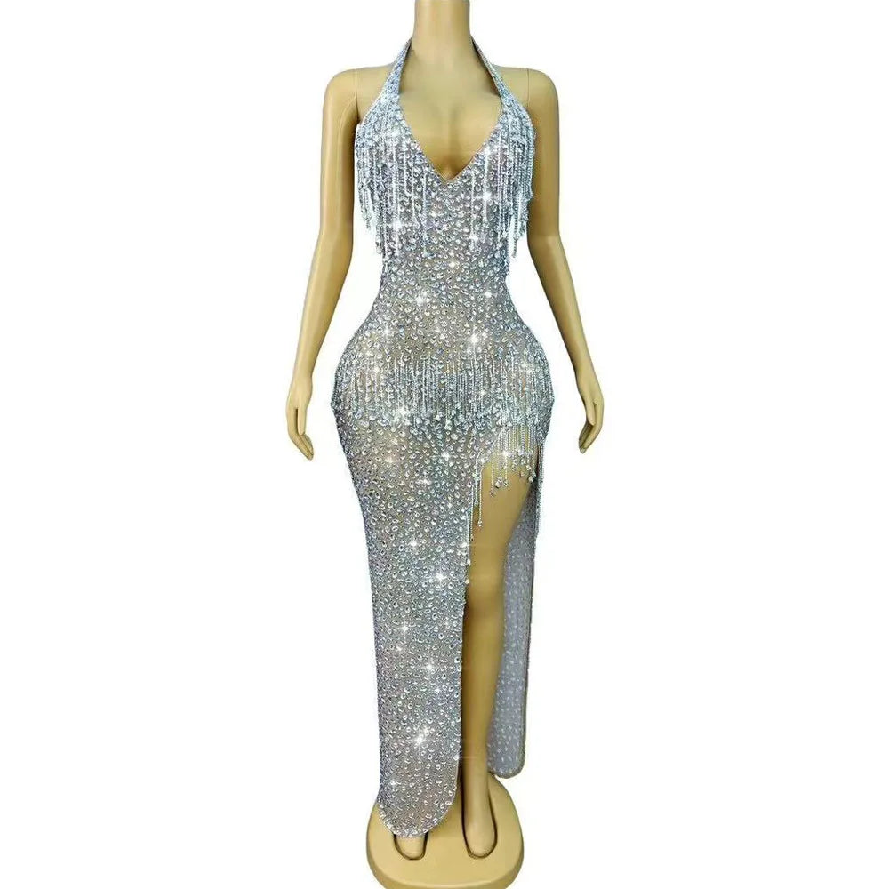 Nude Blue Red Black Rhinestones Crystals Chain Heavy Luxury Gowns Sexy V-neck Backless Dress Women Party Photoshoot Stage Wear