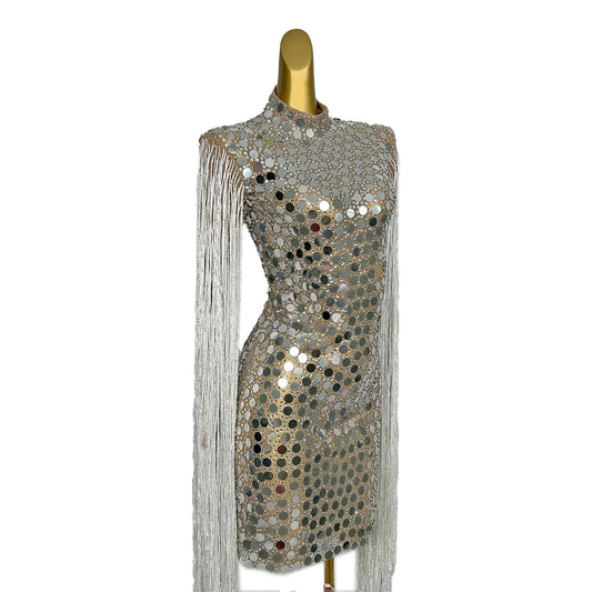 Sequins Rhinestones Tassel Short Dress Celebrate Prom Birthday Party Female Stage Costume Nightclub Dance Outfit