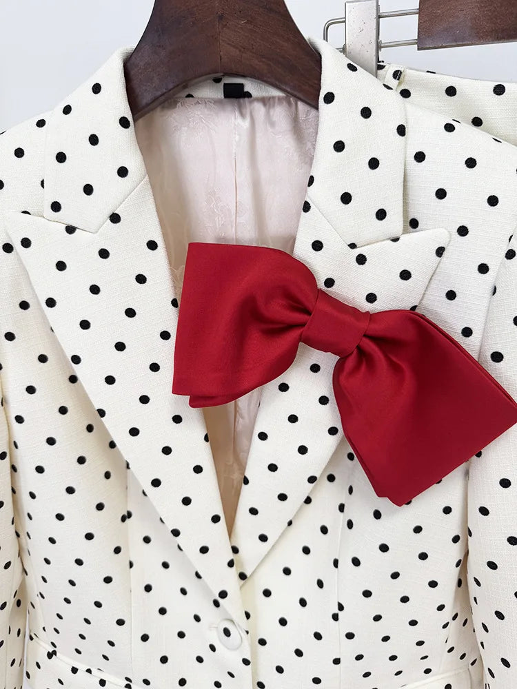 Designer Suit Women Bow Decorated Polka Dot Blazer Pants Set 2PCS