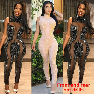 Hot Sale Sexy Transparent Embedded Diamonds Slims Smooths Your Silhouette Jumpsuit Nightclub Two-Color Women's Fashion