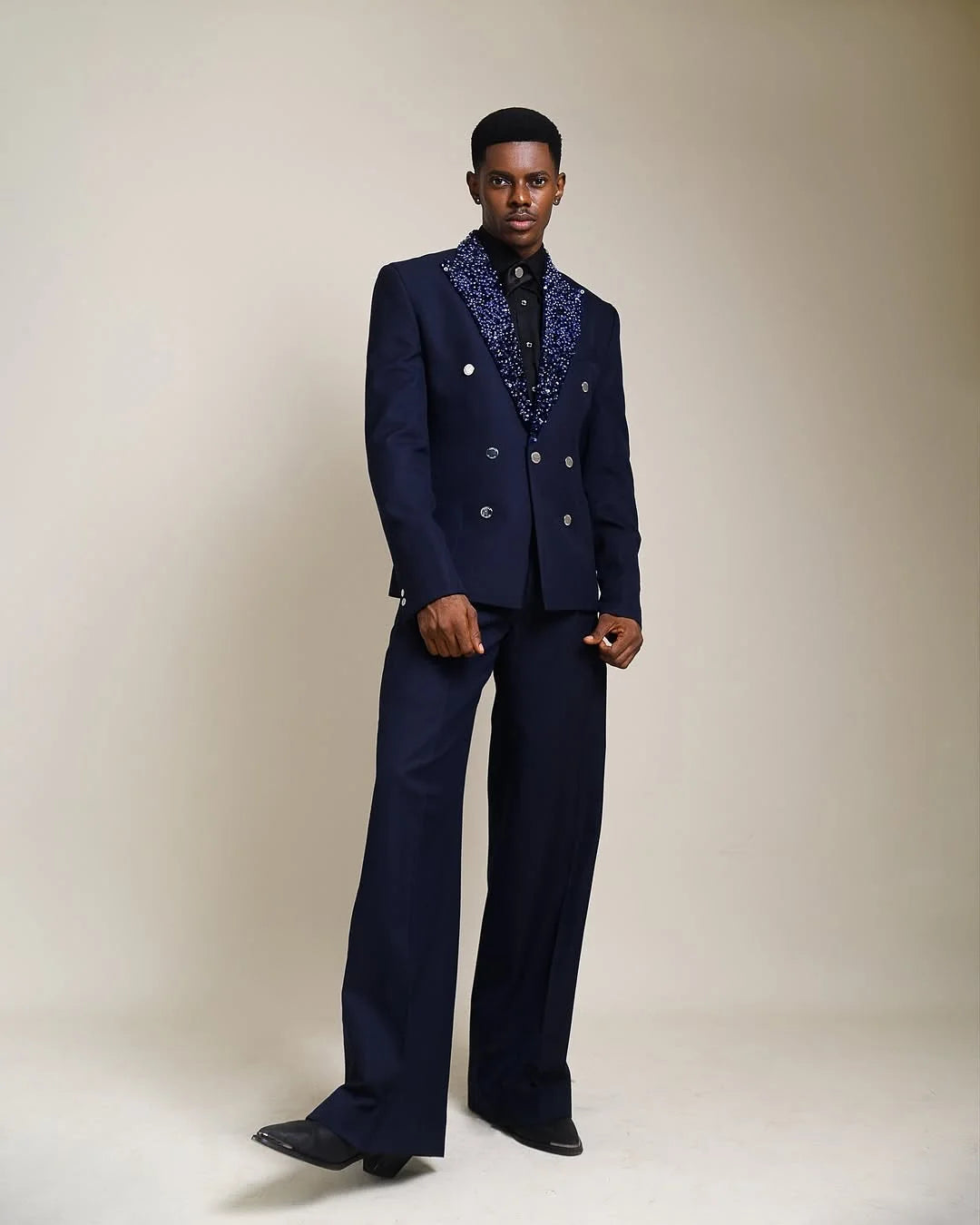 Navy Blue Men Suit Set 2 Piece Blazer+Pants Trousers Beaded Lapel Wedding Tuxedos Formal Office Jacket Prom Coat Customized