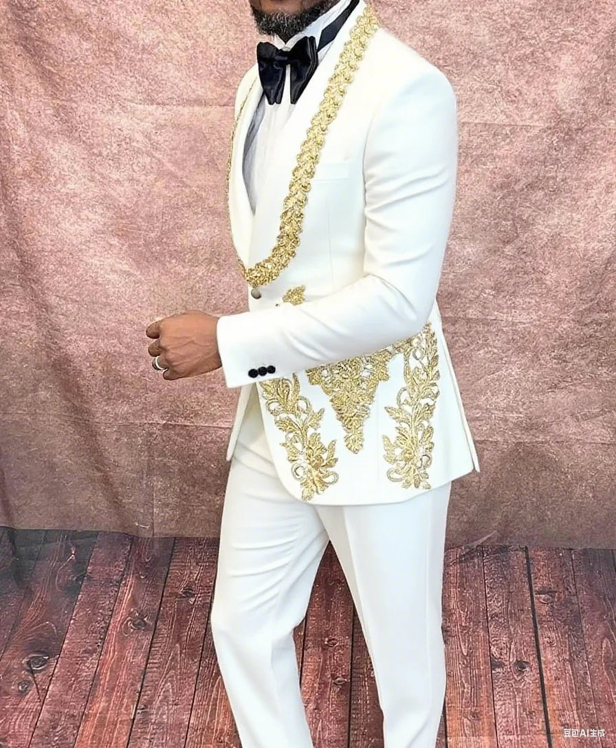 Vintage Appliques Wedding Suits for Groom Shawl Lapel Single Breasted Tuxedos 2 Pcs Jacket Pants Prom Party Prom Customized