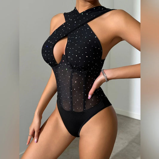 Women's Jumpsuit Summer Sexy Hot Girl Nightclub Party Sequins Perspective Thin Cross Skinny Backless Fashion Bodysuits Y2K
