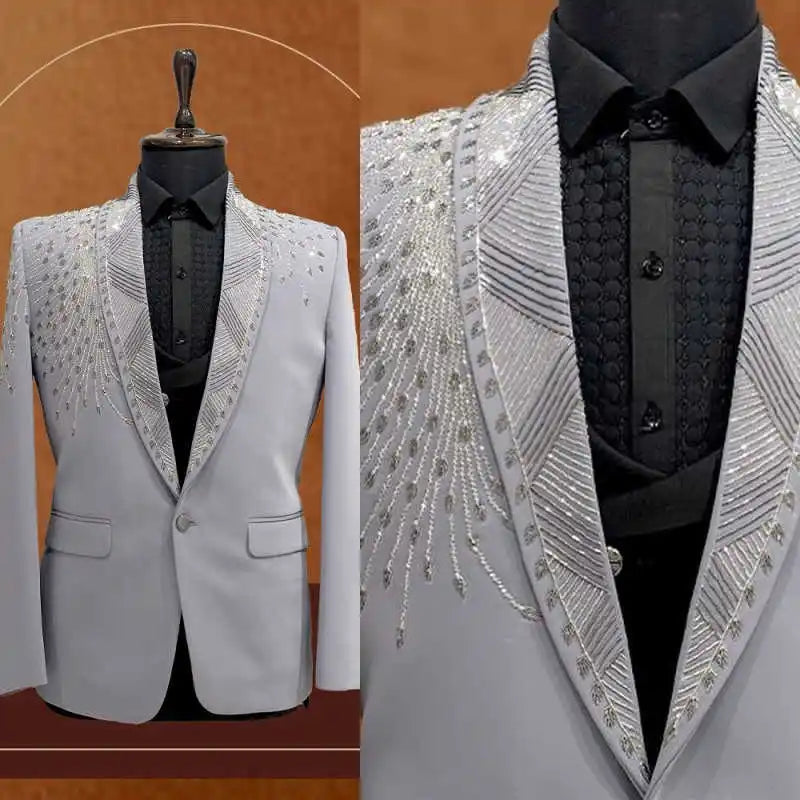 Shiny Men Suit 1 Piece Jacket Handmade Applique Crystal Single Breasted Slim Fit Wedding Groom Tuxedo Special Occasions