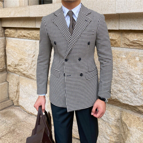 Costume de marié pied-de-poule sur mesure à revers cranté pour homme, veste croisée pour bal de promo ou mariage 