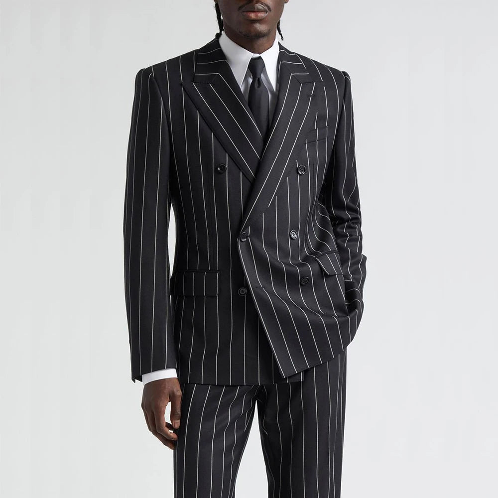 Costume homme noir à rayures fines, croisé, revers en pointe, haute qualité, 2 pièces, veste et pantalon, ensemble complet, blazer de mariage élégant