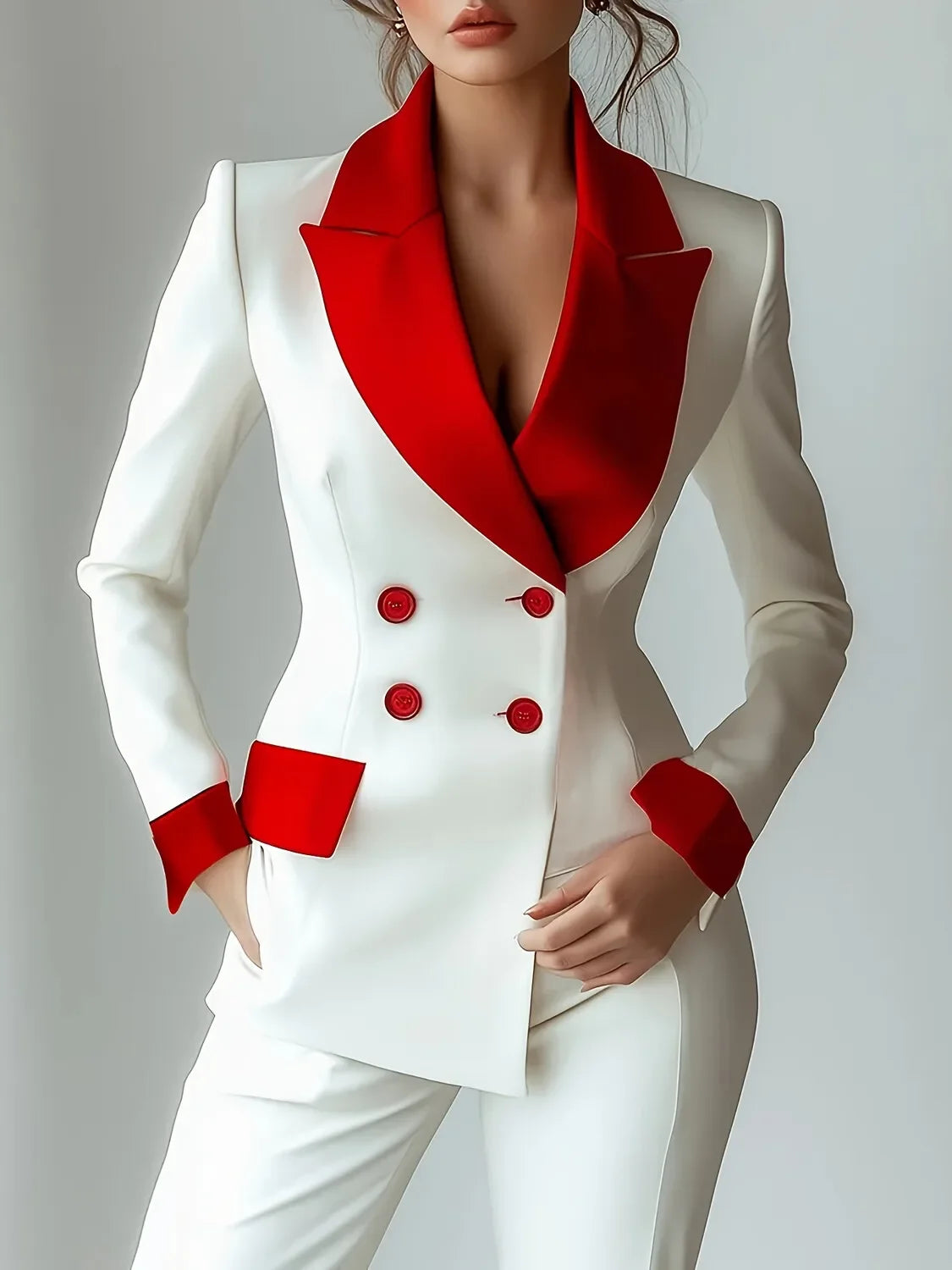Chaqueta Blazer Corta de Patchwork para Mujer, Cuello V, Moda de Oficina, Manga Larga, Elegante, Casual, con Doble Botonadura