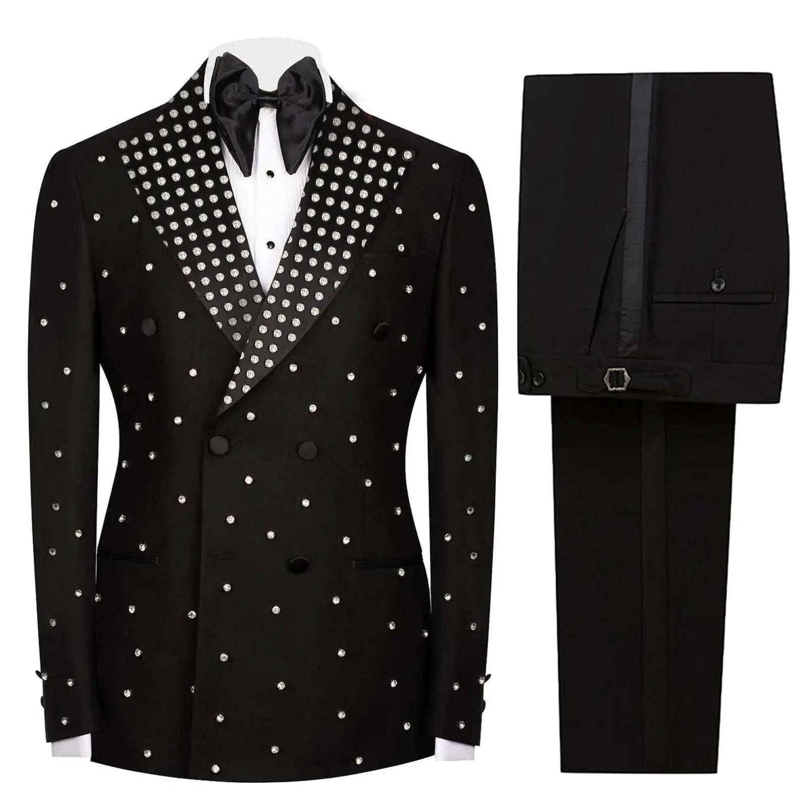 Handsome Beading Men Wedding Tuxedos Peaked Lapel Tailored Pants Suits Birthday Party Prom Groom Wear 2 Pieces Customized
