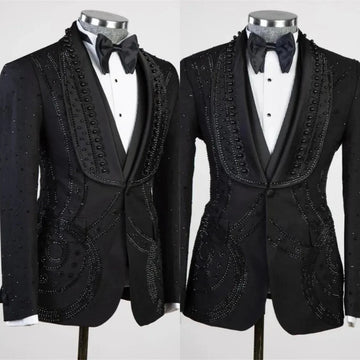 Men Suits Wedding Tailor-Made Pearls Beading Shawl Lapel 3 Pieces Set Coat One Button Groom Blazer Customized Jacket Vest Pants
